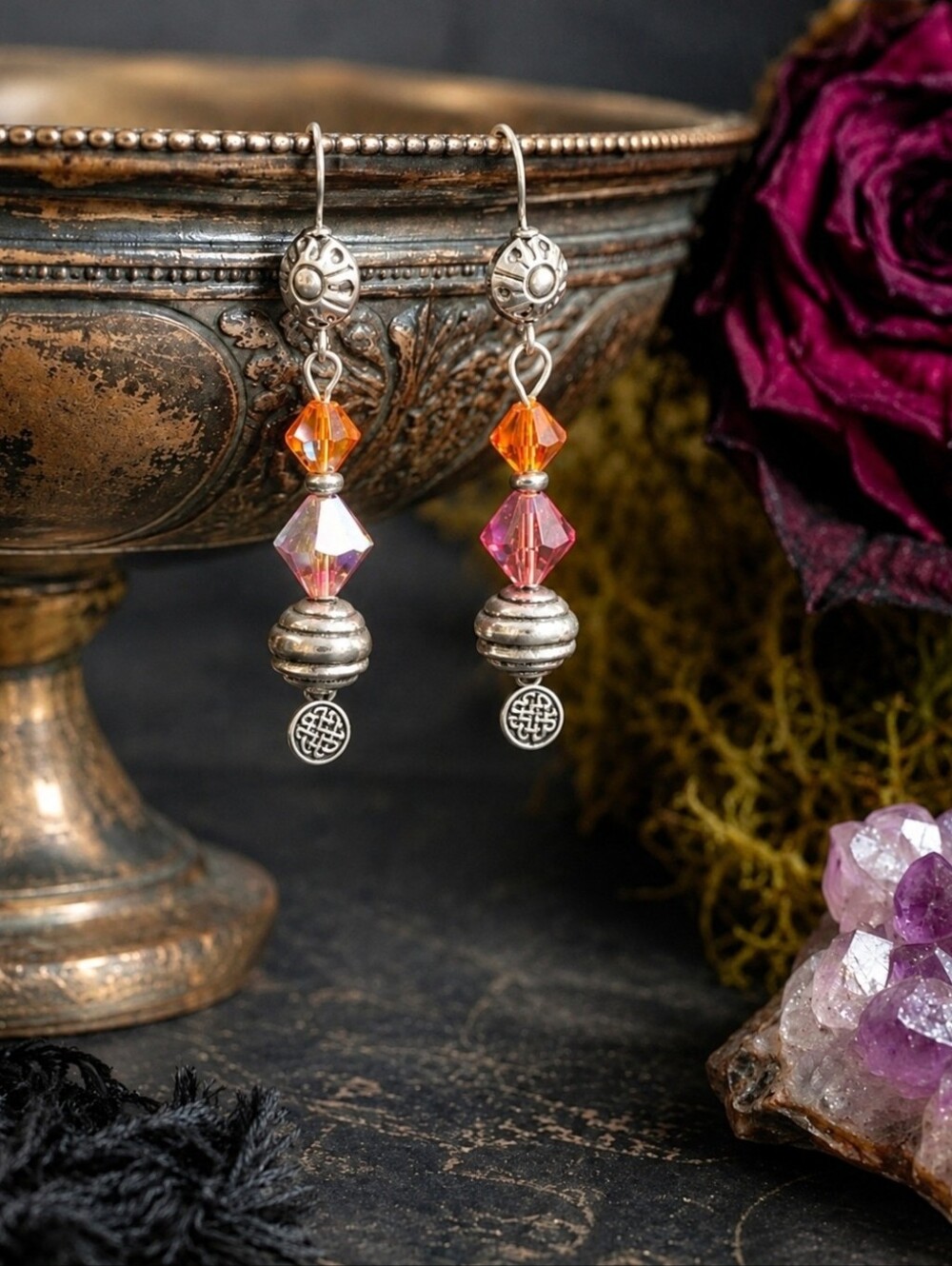 Handmade Swarovski Crystal Orange Pink Silver Dangle Earrings